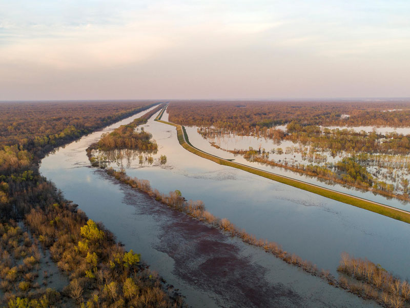 Aerial view of the Mississippi River flooding near Vicksburg, Mississippi. 