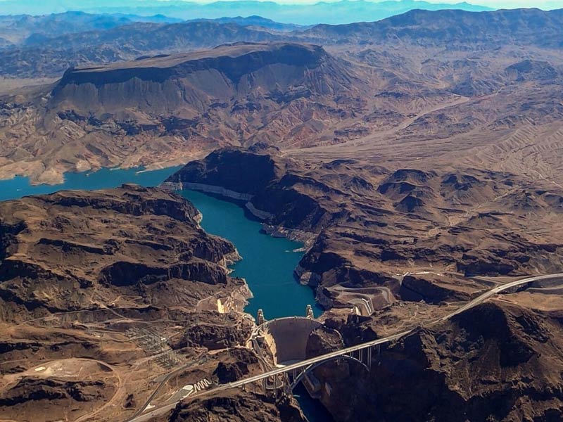 An aerial view of Lake Mead and the Hoover Dam.