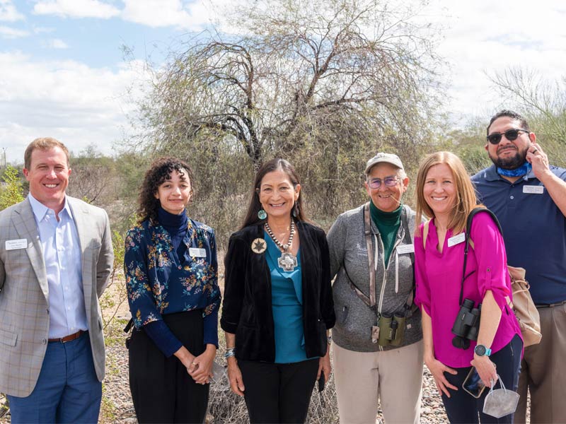 U.S. Secretary of the Interior Deb Haaland (3rd from left) and Audubon staff on a tour of the Rio Salado Audubon Center.