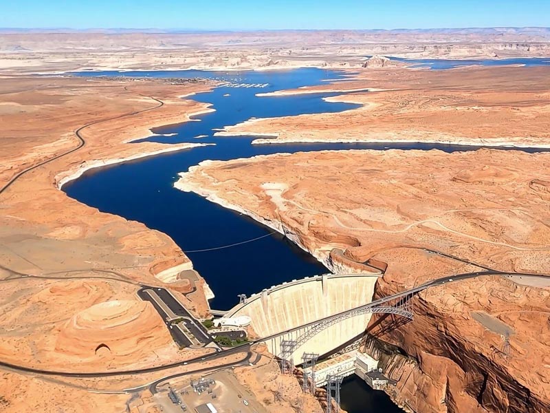 Aerial view of Lake Powell behind the Glen Canyon Dam.