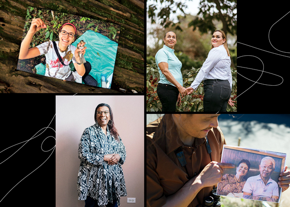 Clockwise from top left: Ana González retrieves a geolocator from a Swainson's Thrush in Colombia; Vilma Karelia Marín Laguna with her mother; Francis Taroc shows a photo of his parents; Sherry Williams at the Bronzeville Historical Society in Chicago.