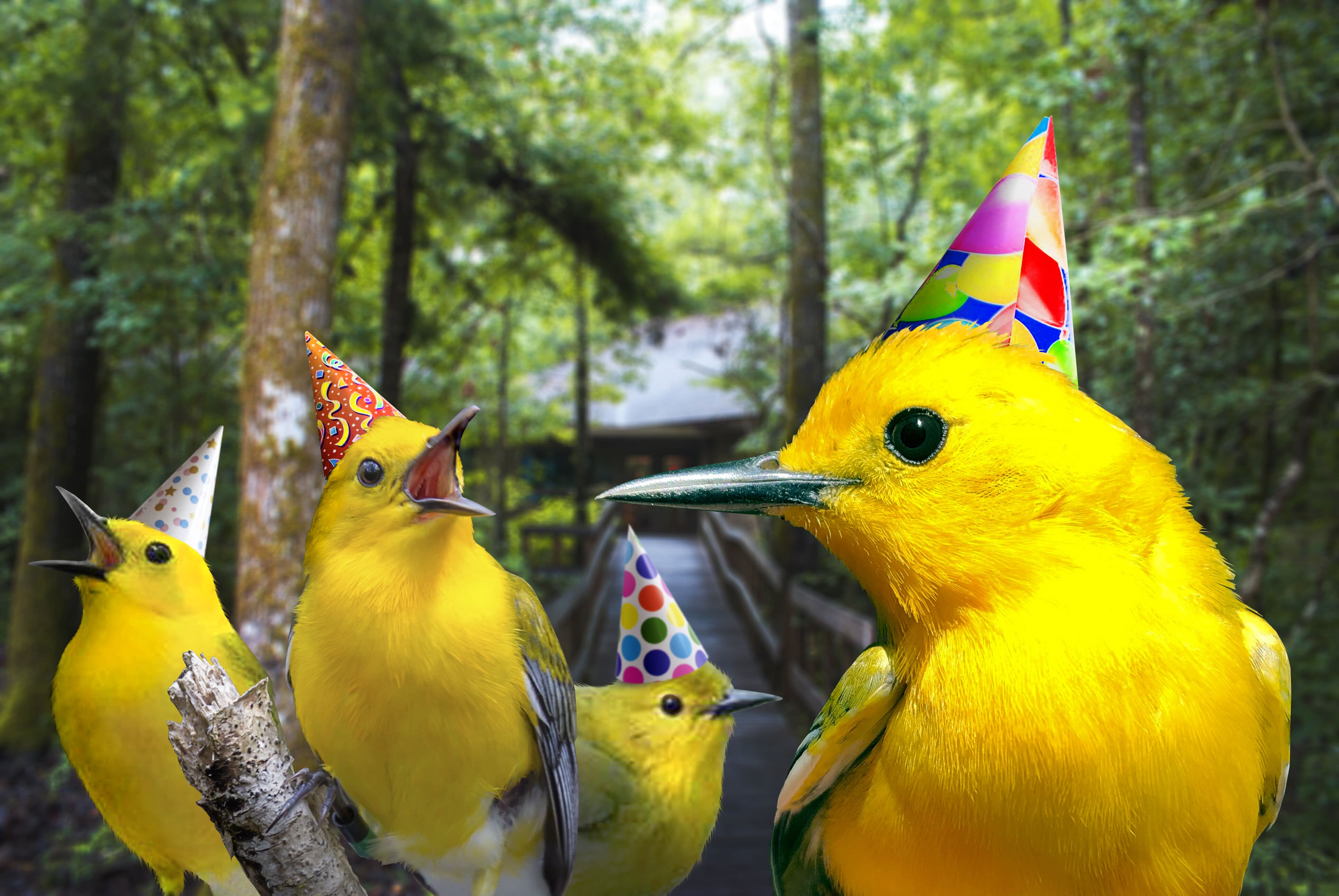 Yellow birds with party hats in front of a building