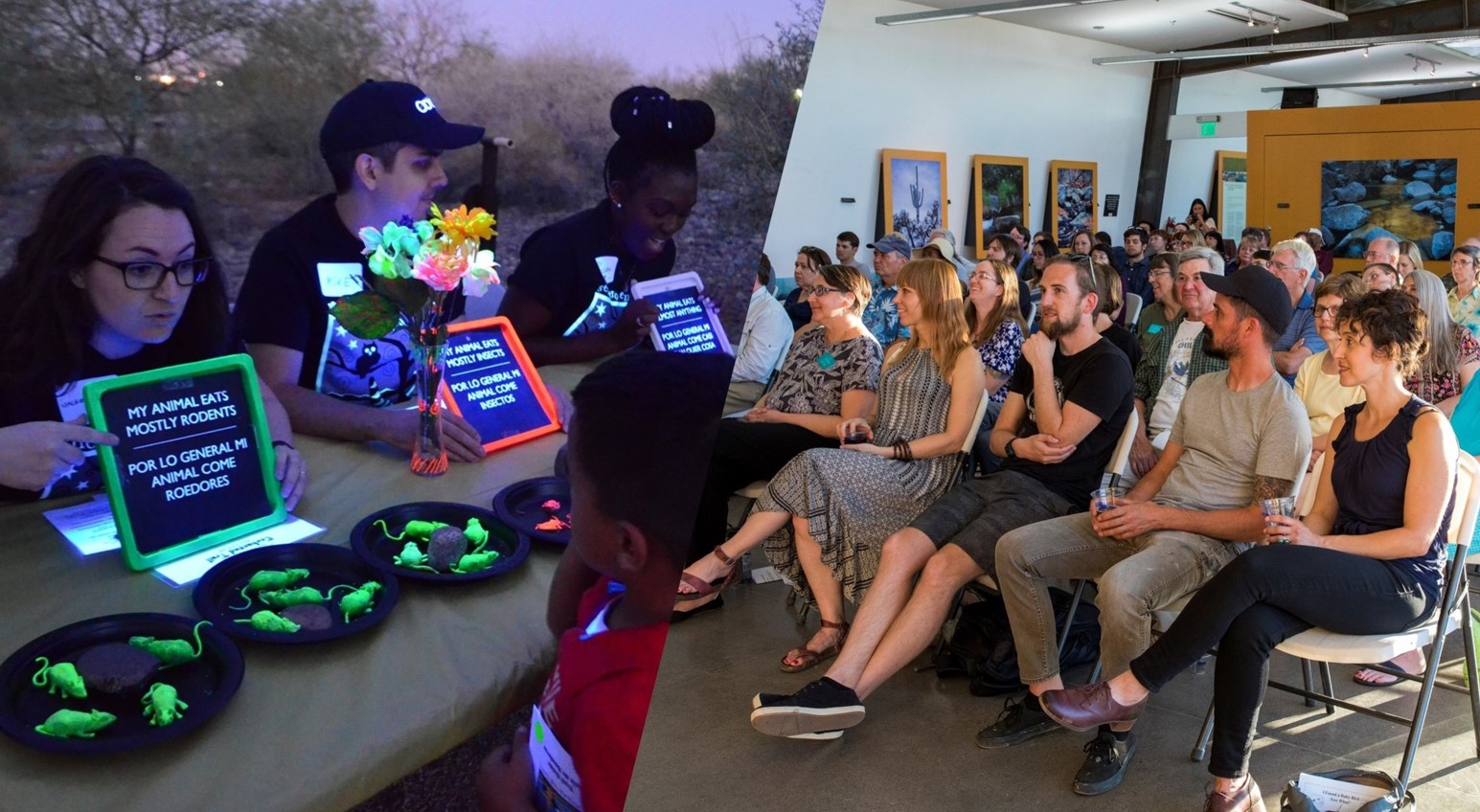 Split image: on left, a volunteer points out a sign to a child. On right, a crowd sits and watches a presentation.