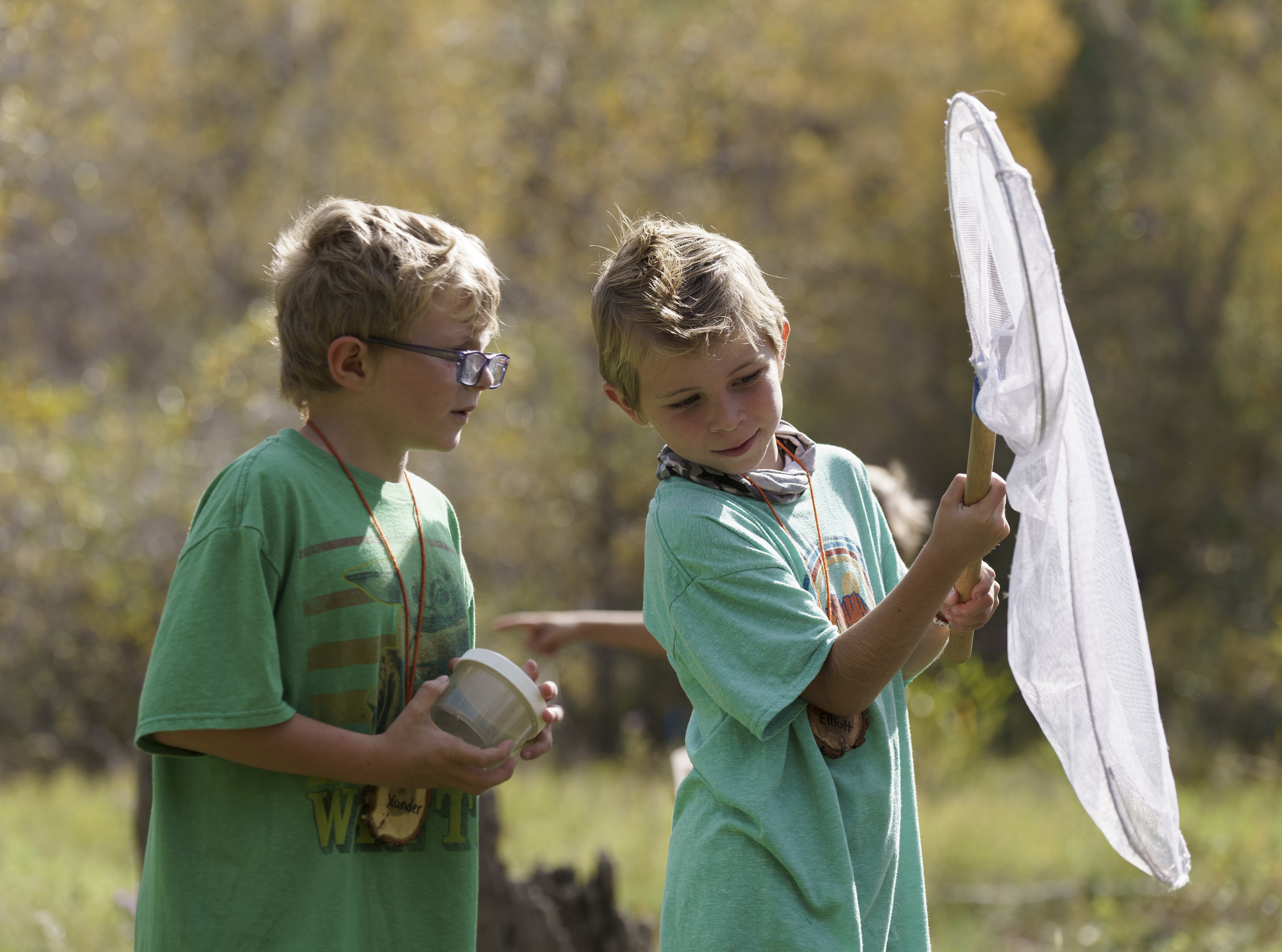 Second-grade students catch insects during a field trip.