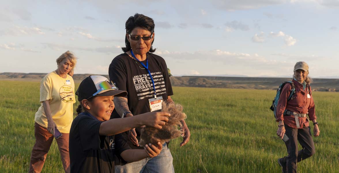A boy shows a woman a patch of buffalo fur in a field. 