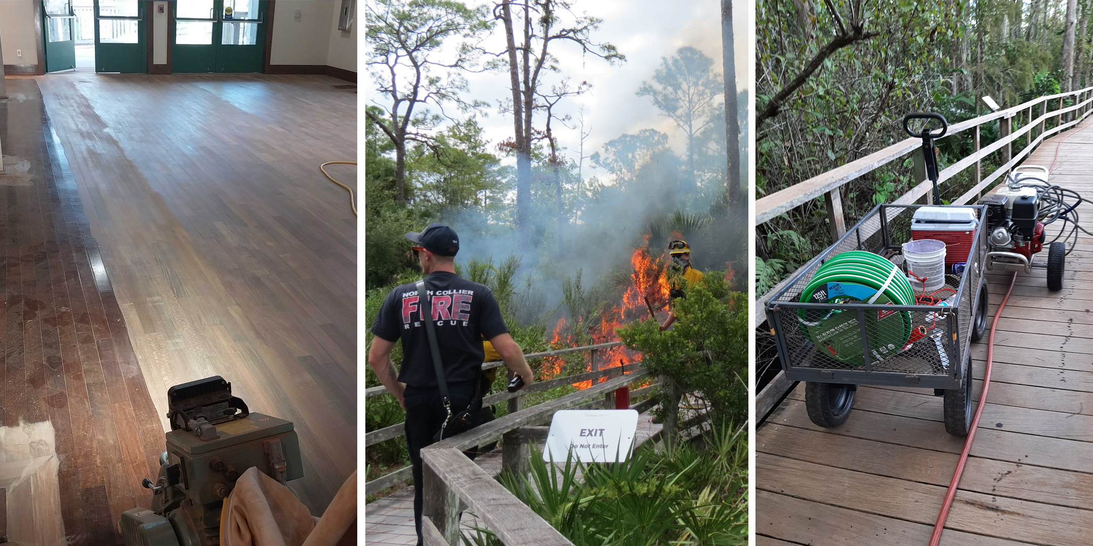 Photo collage showing floor polishing, prescribed fire, and boardwalk cleaning