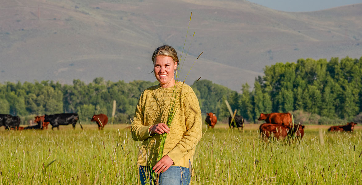 A young woman stands in a pasture with stalks of grass in her hands.
