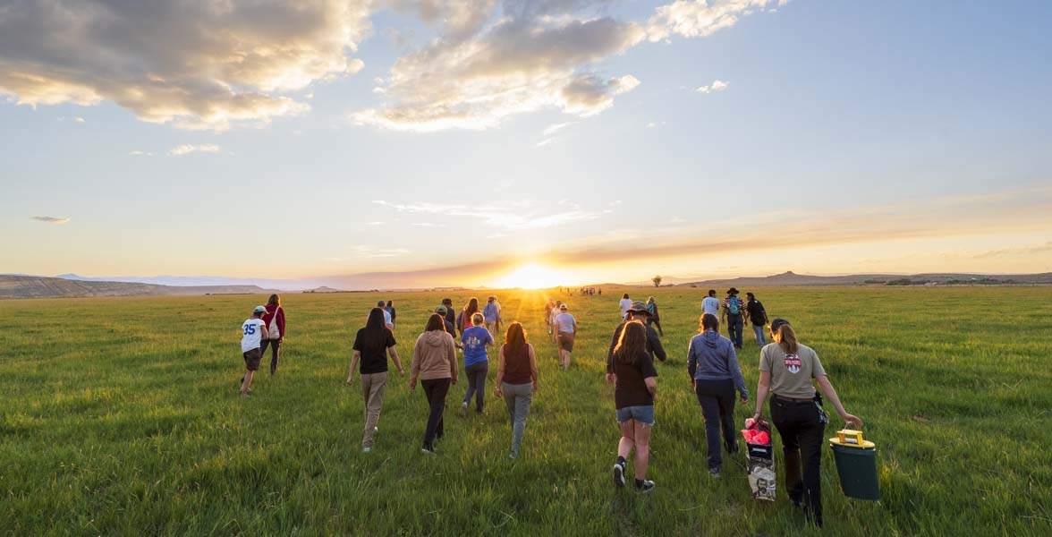 People walk across a grassy meadow.