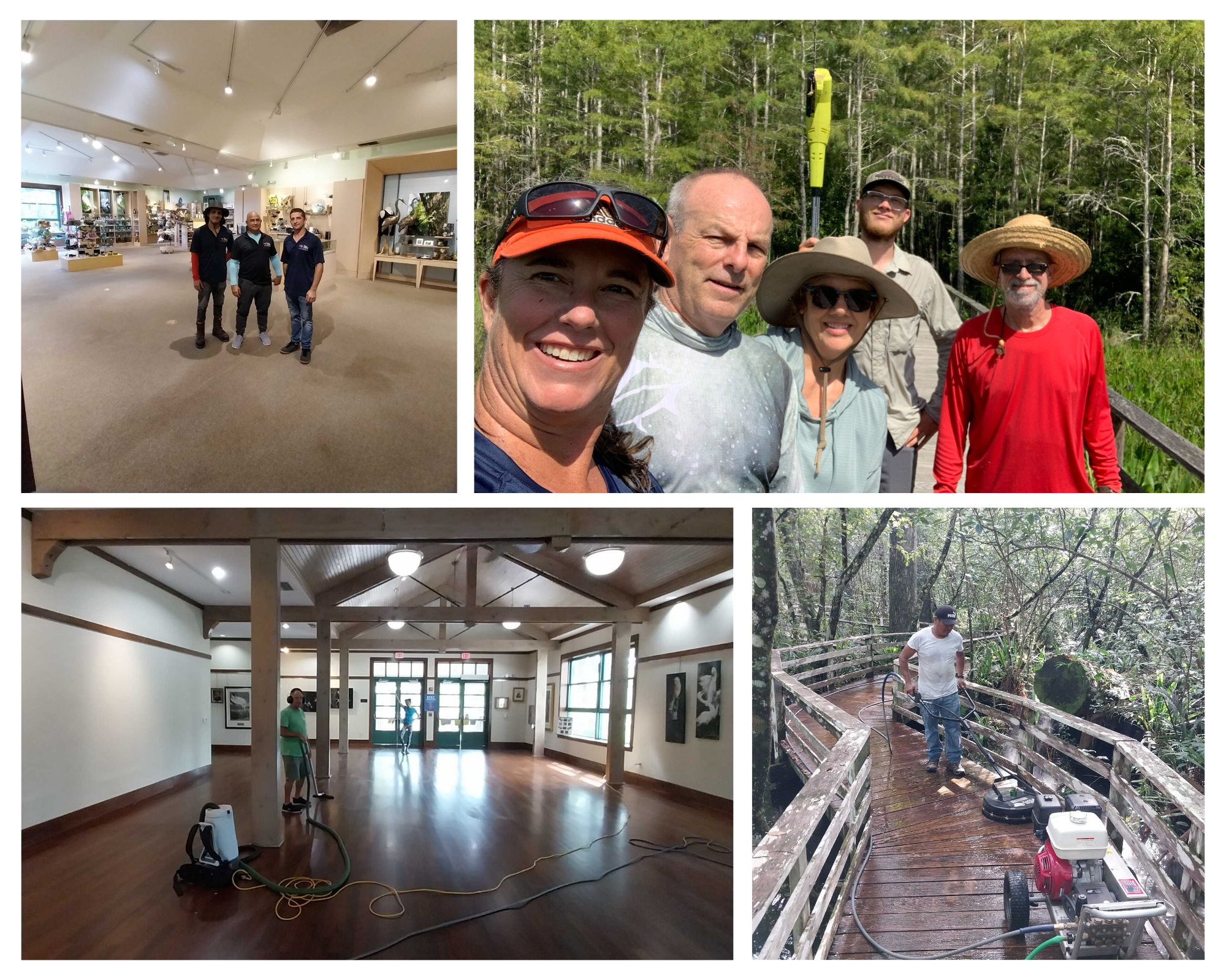 Collage of photos (clockwise): People standing on a clean carpet in the nature store, people smiling with a hedge trimmer on the boardwalk, people with equipment to shine the wood floor, and a man with hoses and buckets on the boardwalk.