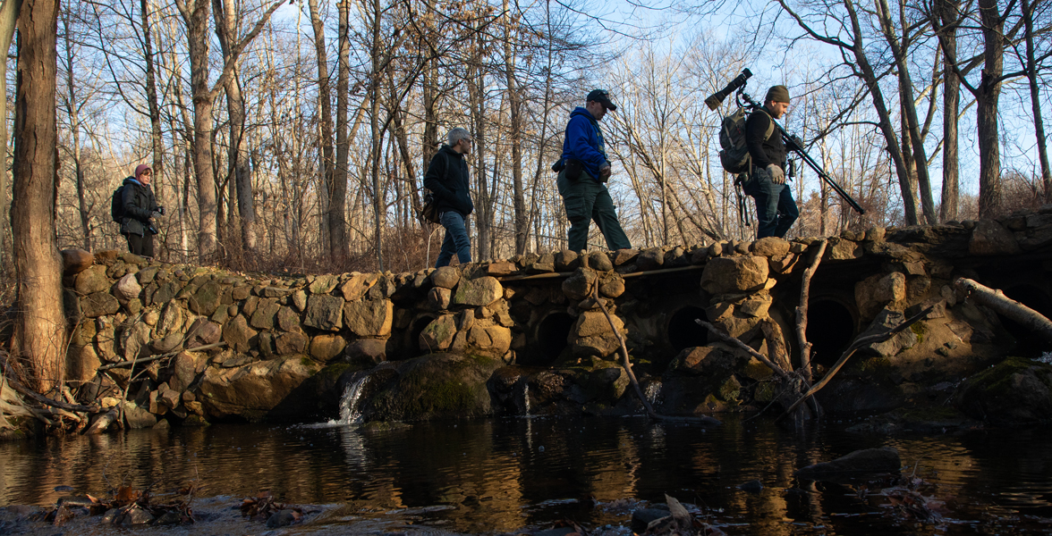 Birders search for bird species during the 86th annual Boonton Area Christmas Bird Count at the Pyramid Mountain Natural Historic Area, Boonton, New Jersey, December, 2021.