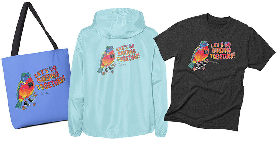 Let's Go Birding Together tote, hoodie, and tee.