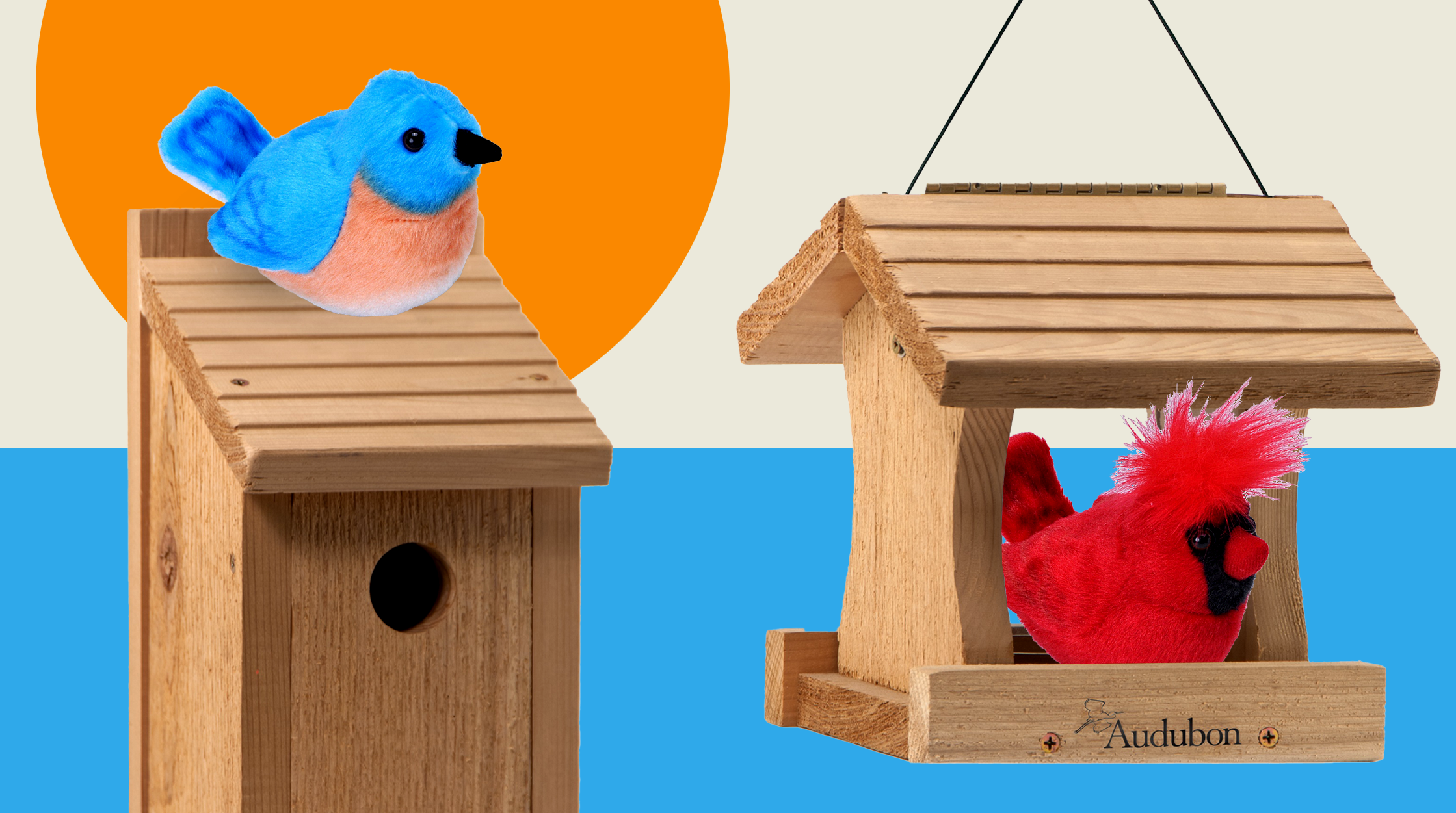 Graphic featuring both DIY birdhouse and bird feeder kits.