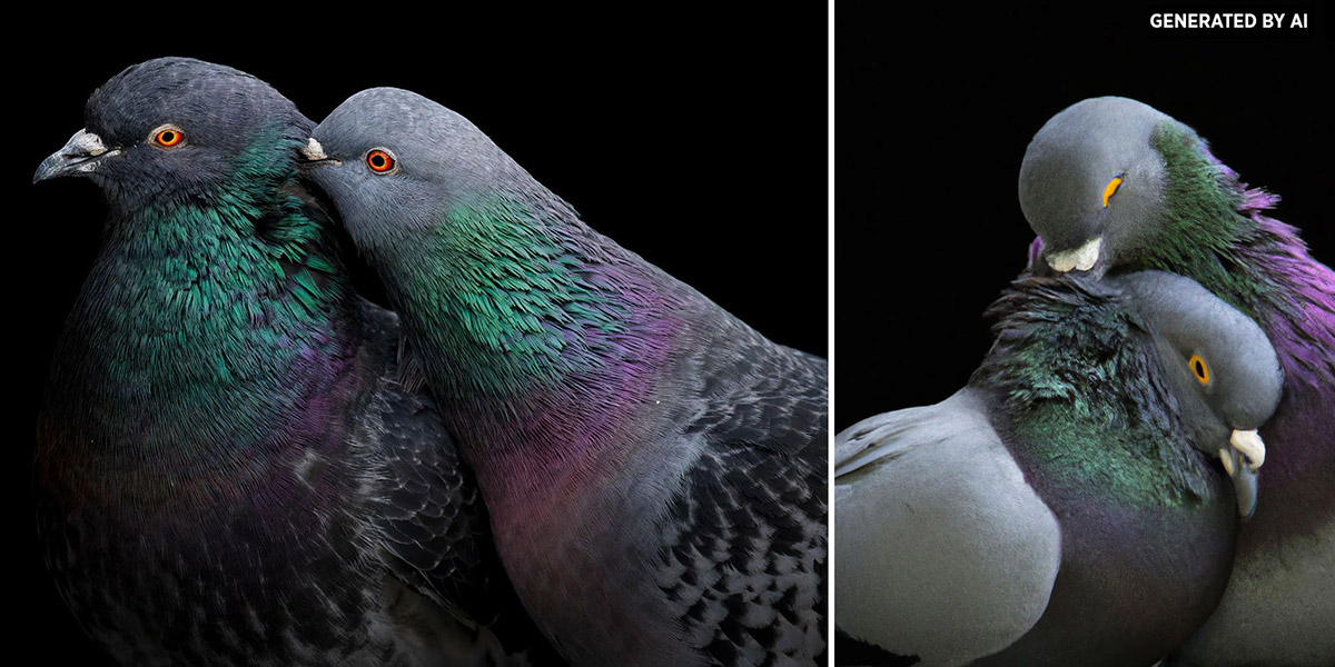 A real image and an AI-generated image side-by-side of mated pigeons groom each other.