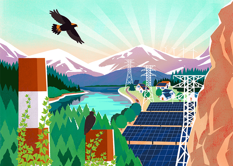 Illustration of a bright mountainous range with solar panel farm and power plant and a large bird flying above. 
