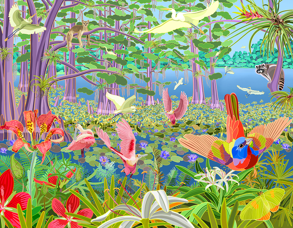 Colorful artwork showing flowers and birds