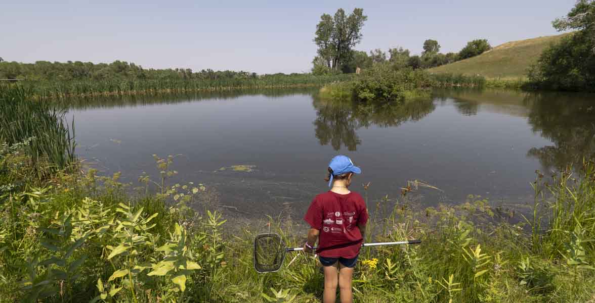 A girl stands in front of a pond with a net.