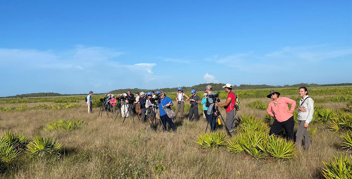 Participants gathered at a safe distance to watch the sparrows leave their release trailers.