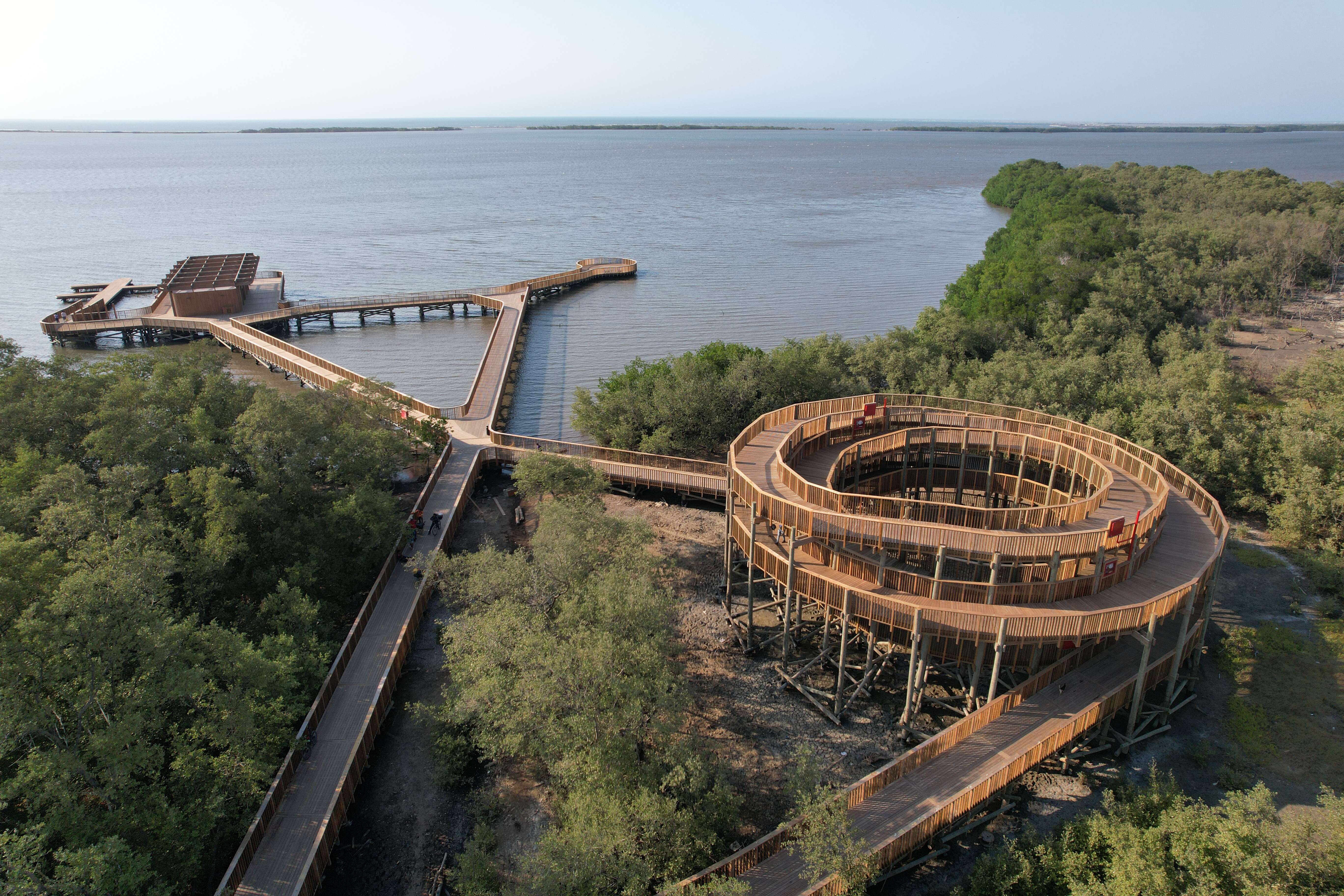 An image taken from the air via drone of a wooden boardwalk in a wooded area with a shoreline. 