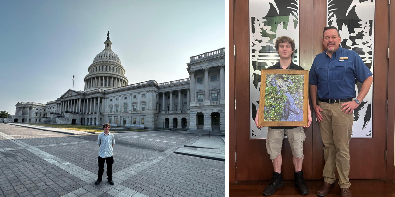 Photo montage showing a person standing in front of the Capitol building and two men holding a framed photograph. 