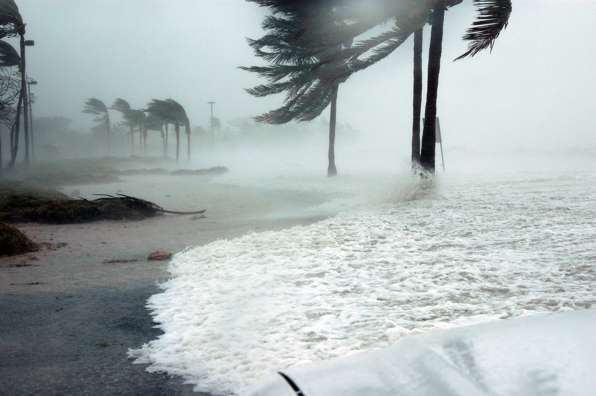 waves wash onto a beach during a hurricane