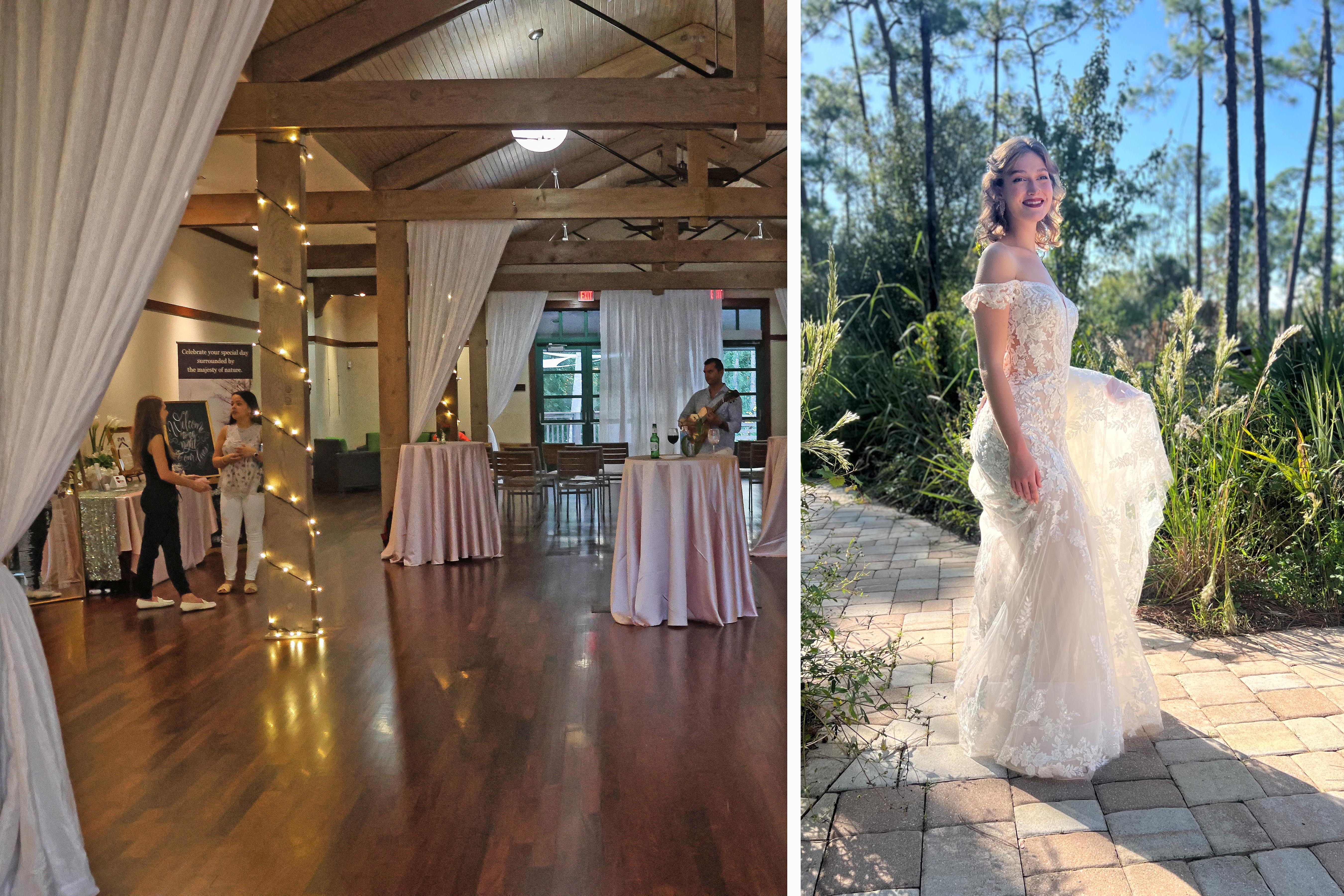 Split photo showing the venue space and a bride on the back patio.