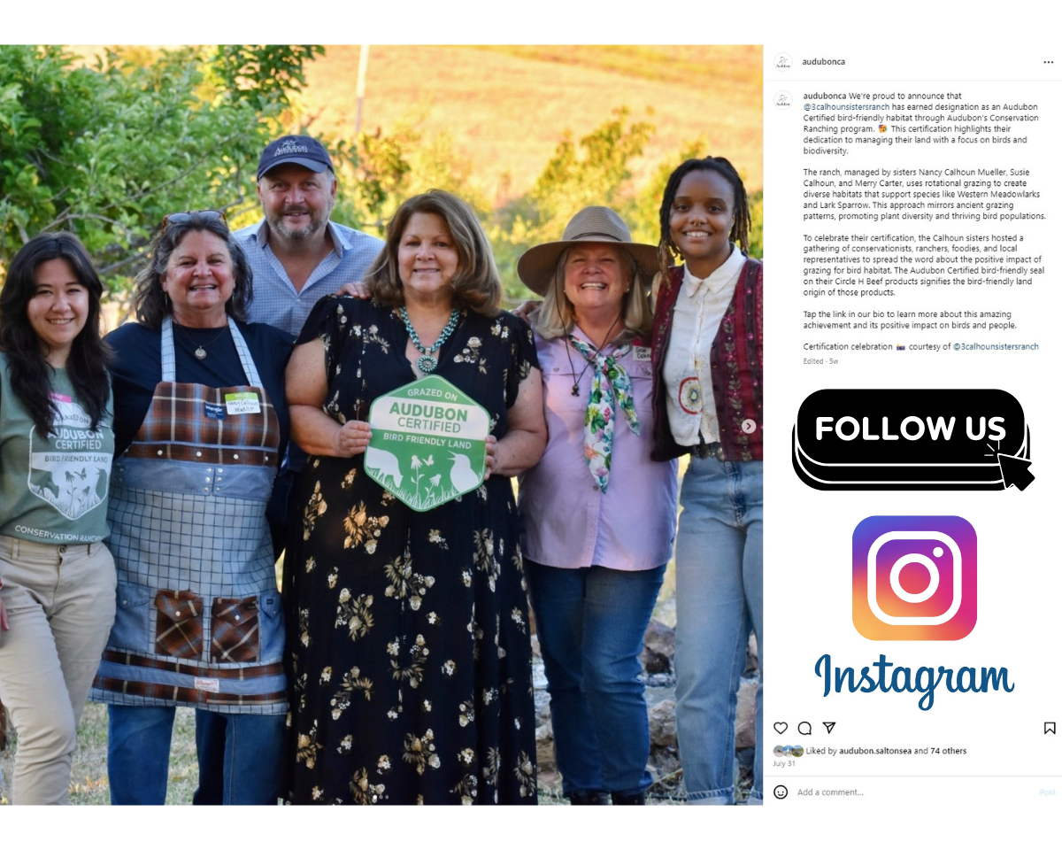 ACR staff: Jenna Inouye, Pelayo Alvarez, Shana Rhisby, and the 3CalhounSistersRanch celebrating the sisters' Certified bird-friendly habitat designation.