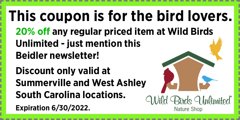 Coupon for any one regular priced item 20% off at the Summerville or West Ashley Wild Birds Unlimited store