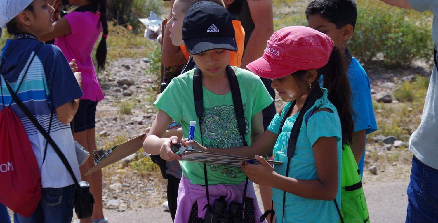 Children looking at a bird bingo sheet.