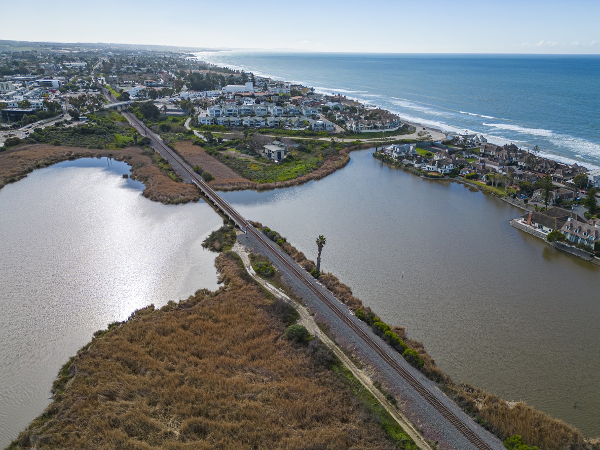 Aerial image of Buena Vista Lagoon, coastal development, and the pacific ocean.