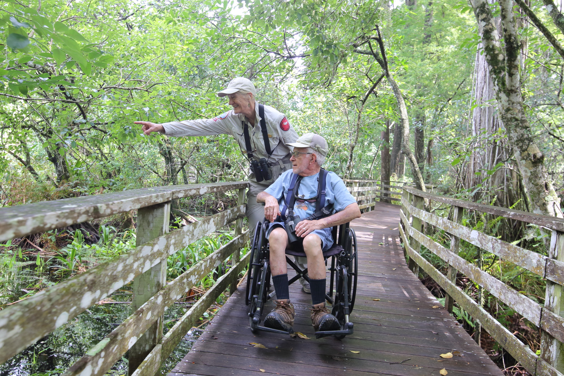 A person on a wheelchair on a boardwalk looking at nature with a guide