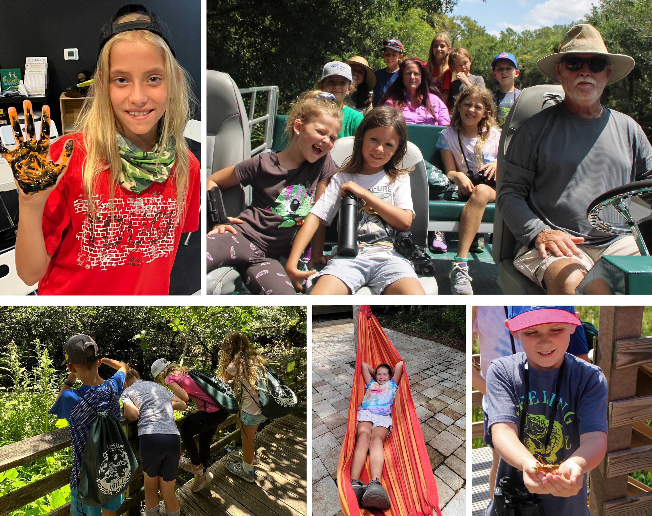 A collage of photos showing campers doing activities.