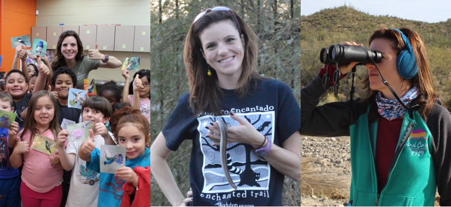 A triptych of our Education Manager Emily Macklin. Separate photos of her with children, holding a snake, and looking through binoculars.