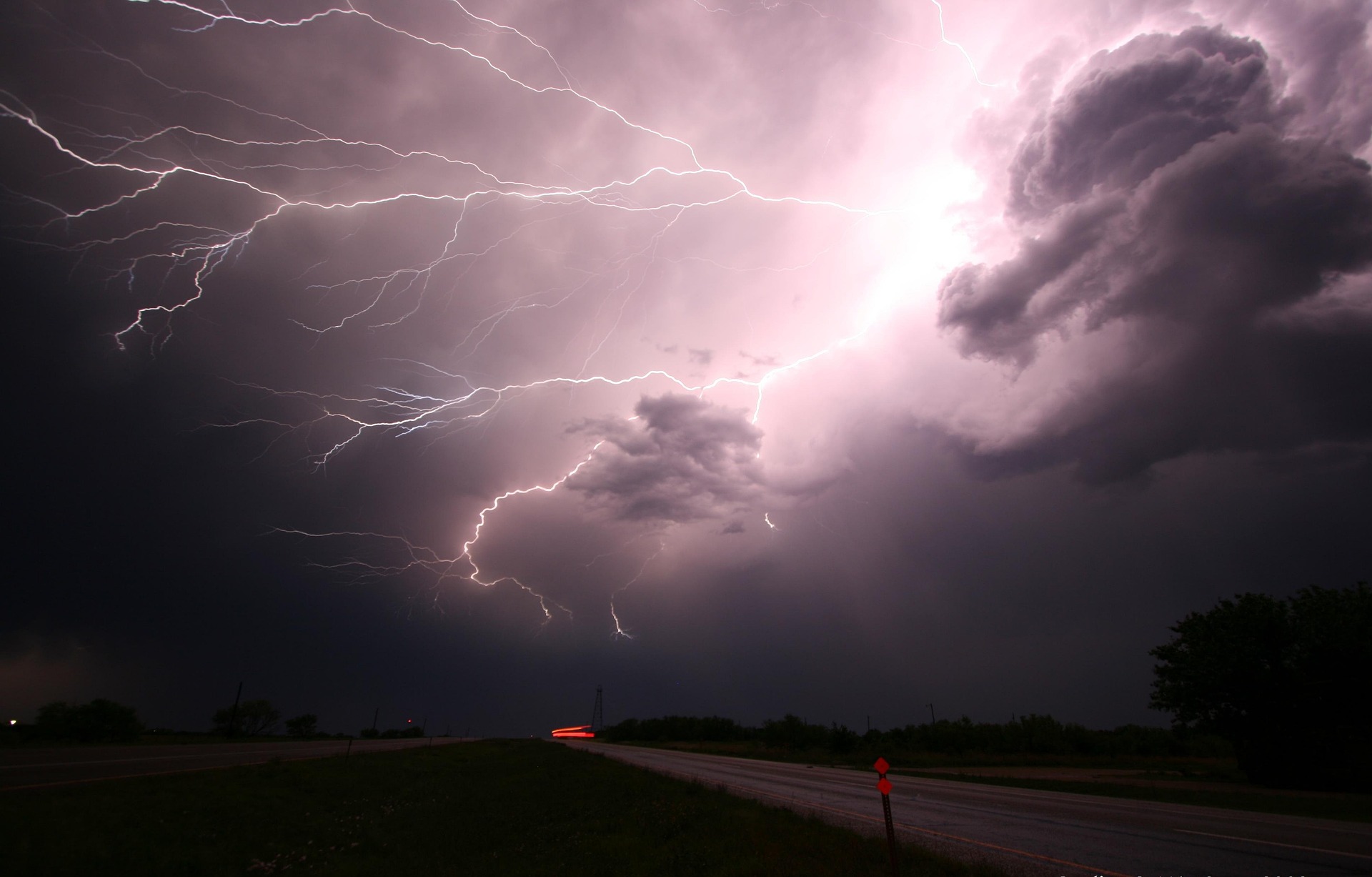 Lightning over a roadway