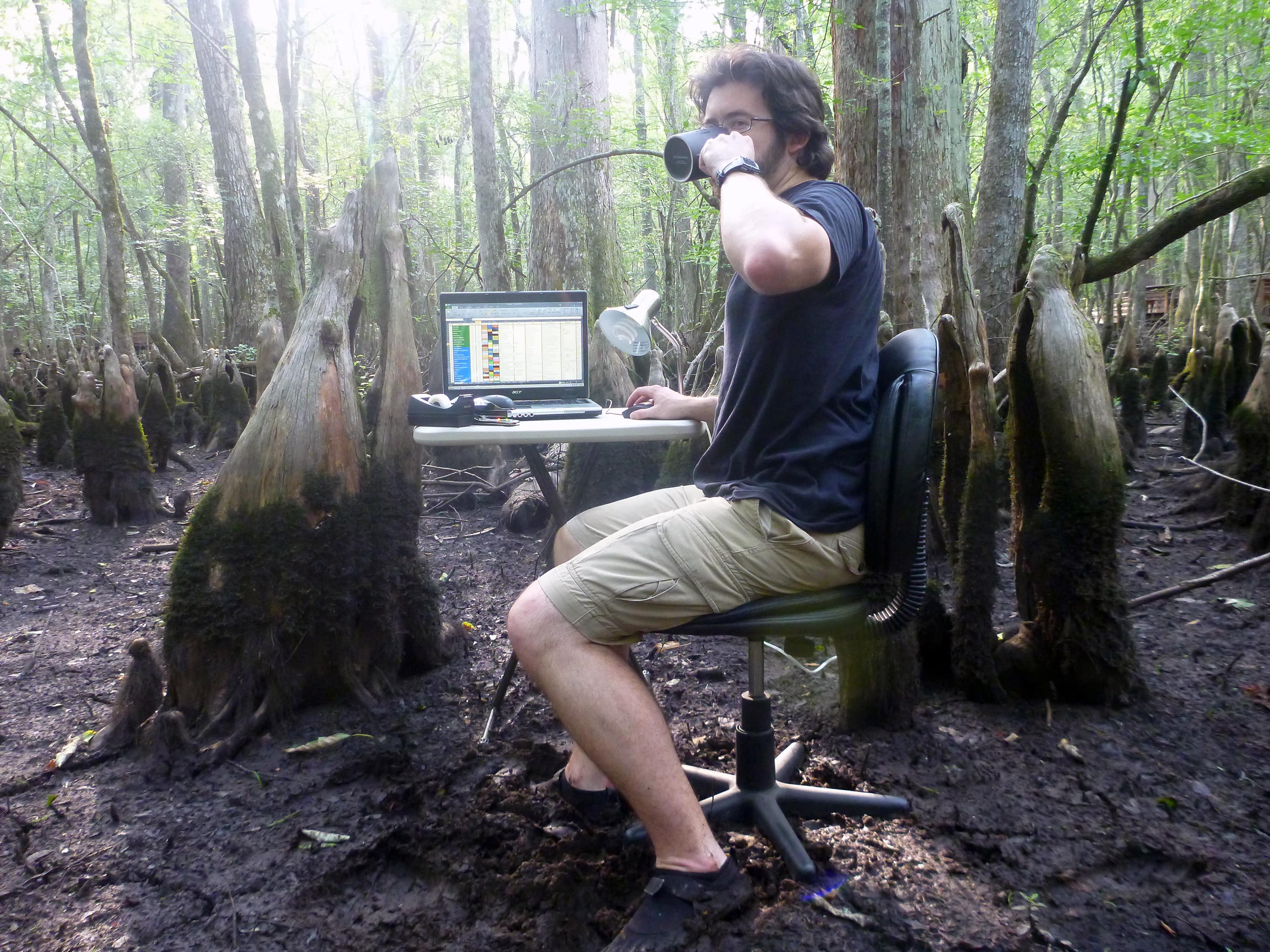 A man with dark hair, black shirt and brown shorts is sitting at a work desk drinking coffee surrounded by a swamp with large Cypress knees around and wet mud making up the ground. 