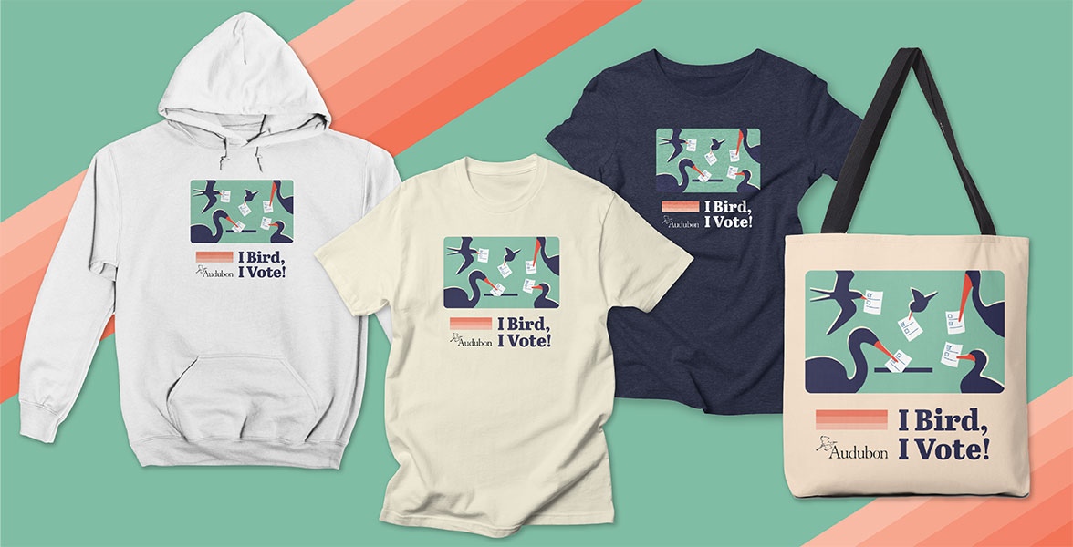 "I Bird, I Vote" hoodie, t-shirts, and tote bag.