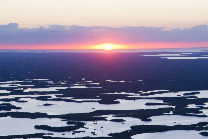 aerial view of the Everlgades at sunset.