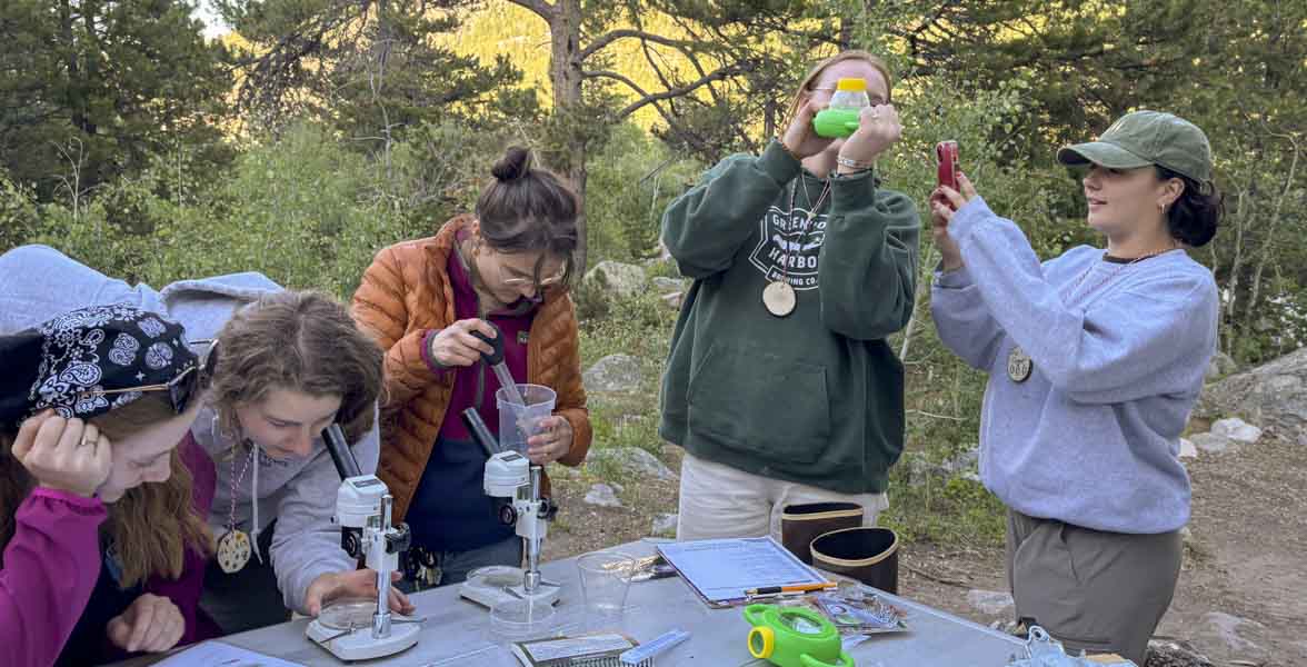 Five adults perform various activities around an outdoor table of science education materials.