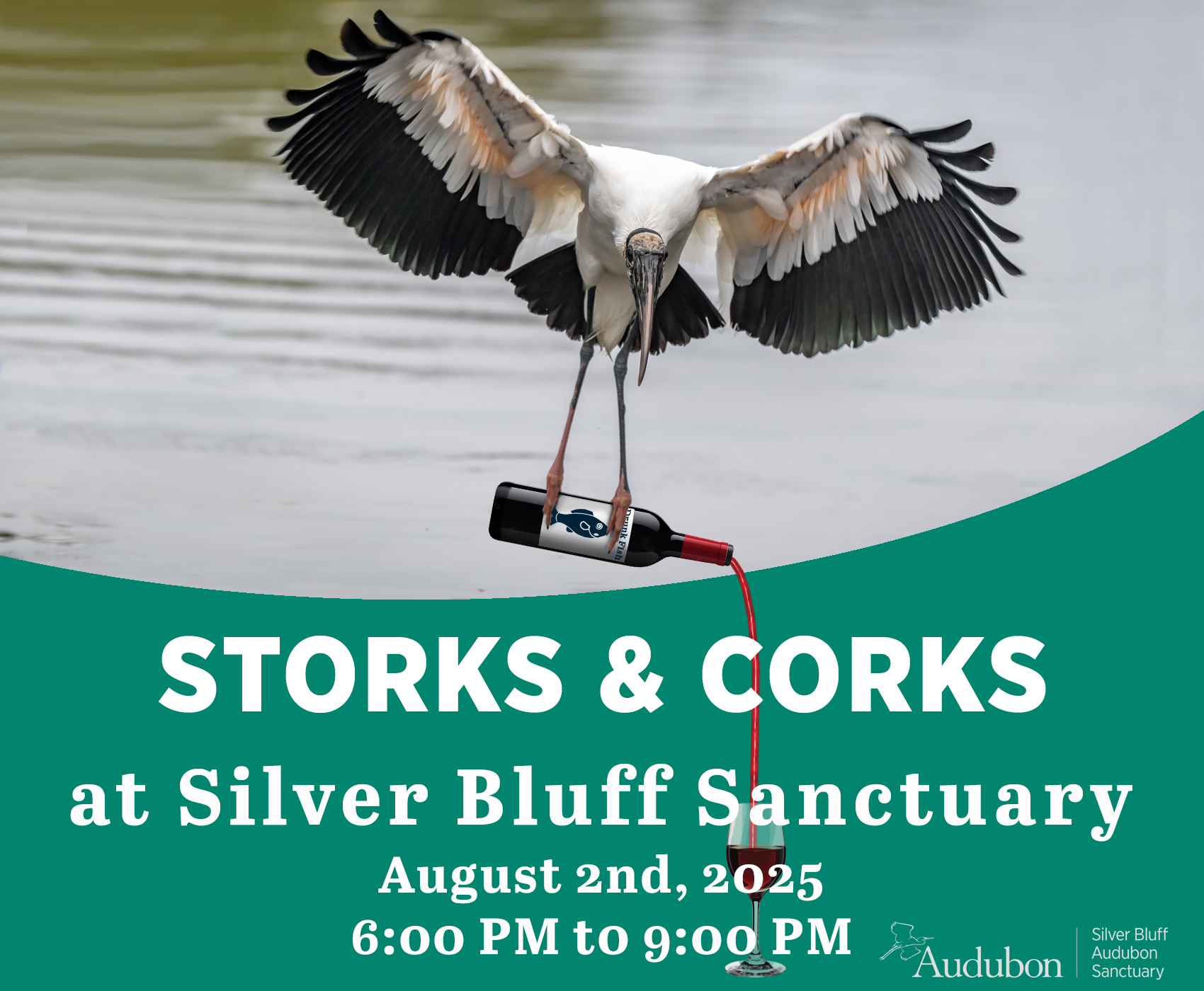 Graphic featuring a Wood Stork flying over water while holding a wine bottle, pouring wine into a glass below. Text reads “Storks & Corks at Silver Bluff Sanctuary, August 2nd, 2025, 6:00 PM to 9:00 PM.” Image by Richard Covey.