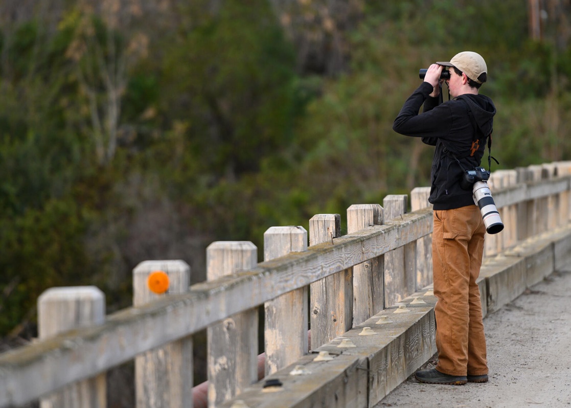 Max Breshears spots birds flying across the Ventura River.