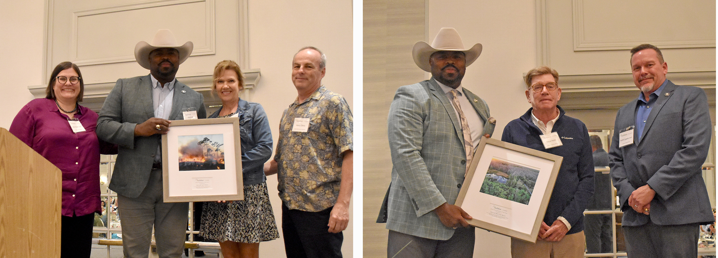 Two photos depict Audubon leadership and award winners holding their plaques