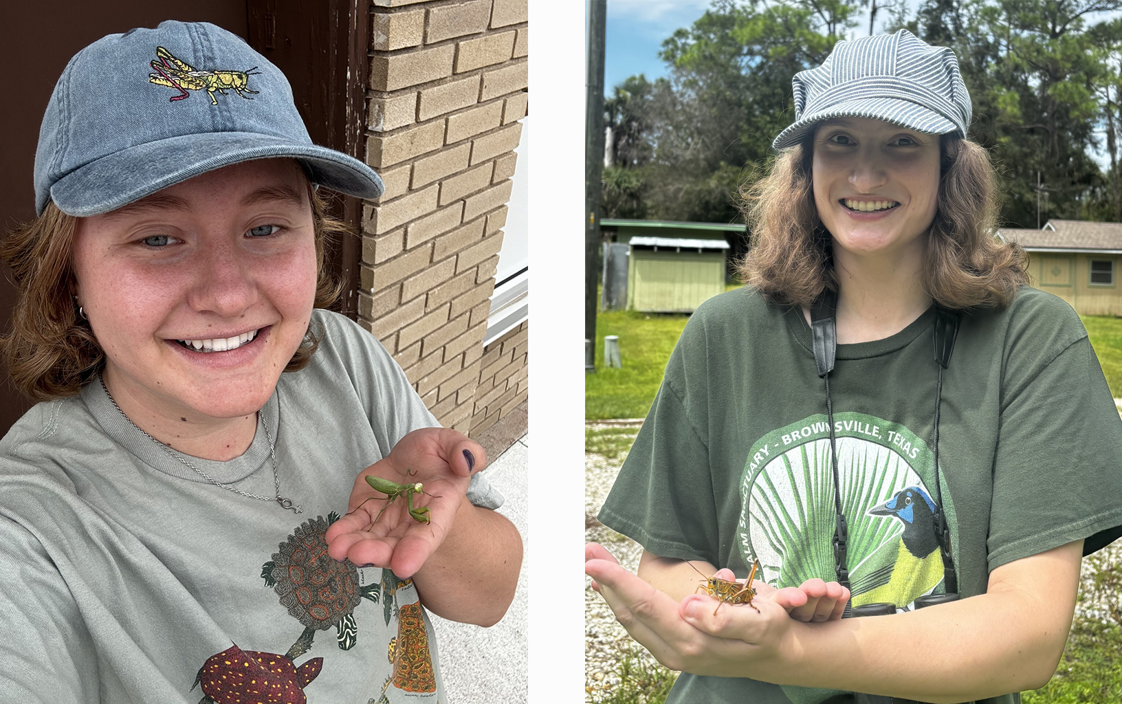 Collage showing two photos of young women, each holding an insect.