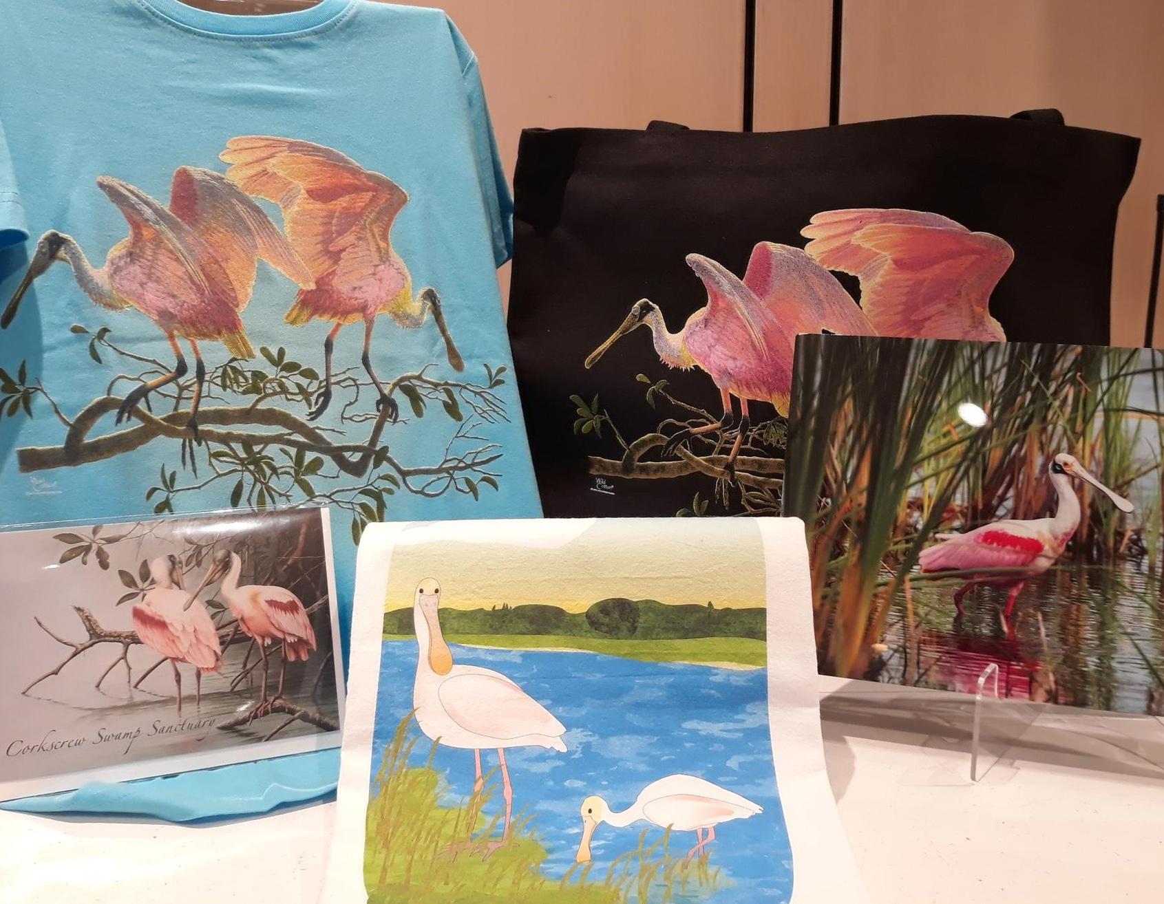 merchandise with roseate spoonbill imagery