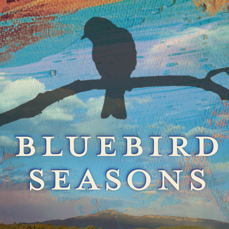 A painting-like graphic of distant trees and mountains under a blue, cloudy sky behind the silhouette of a bird perched on a branch. The words “Bluebird Seasons” are prominent on the image.