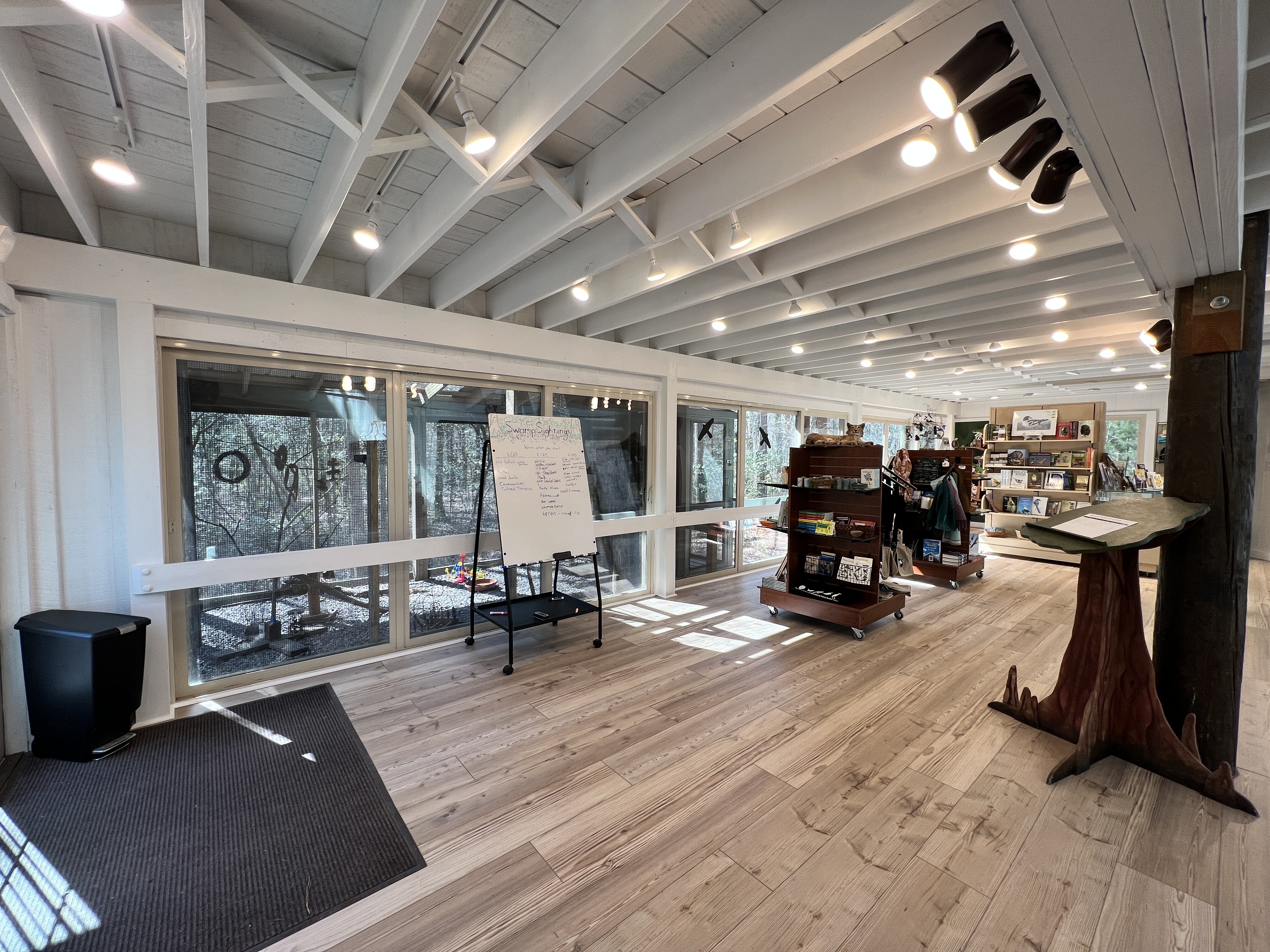 Beidler Forest visitor center renovated with fresh white walls, wood floors, bright lighting