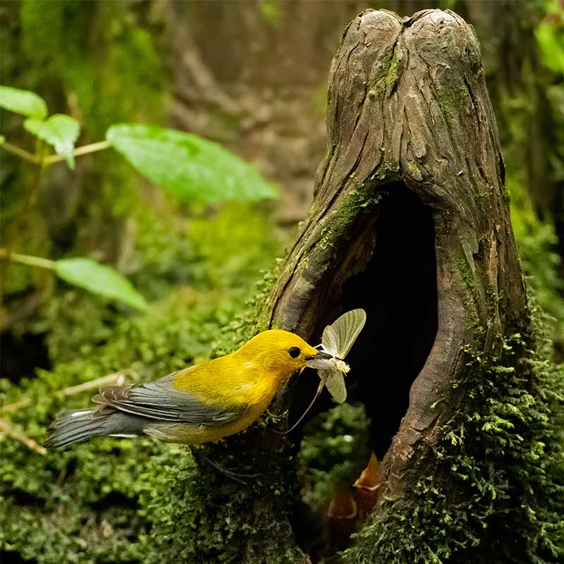 Prothonotary Warbler at the entrance of a mossy tree with a winged insect in its beak.