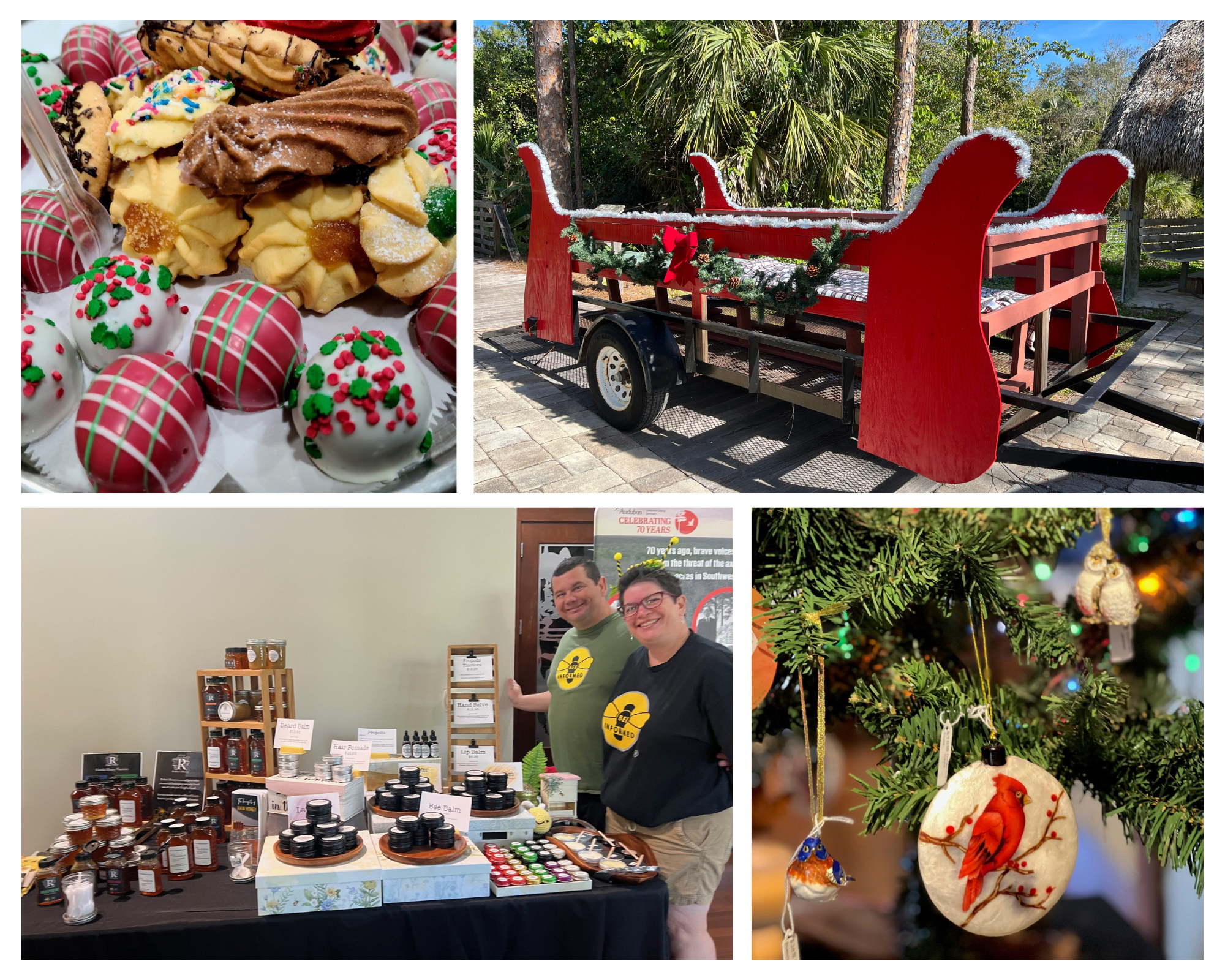 Photo collage shows holiday cookies, a sleigh, people next to a table, and holiday ornaments.